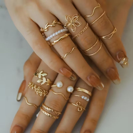 Trendy Gold Stackable Ring Set - Vintage & Minimalist Designs with Pearls | Bohemian Knuckle & Midi Rings for Women (Multiple Styles)"