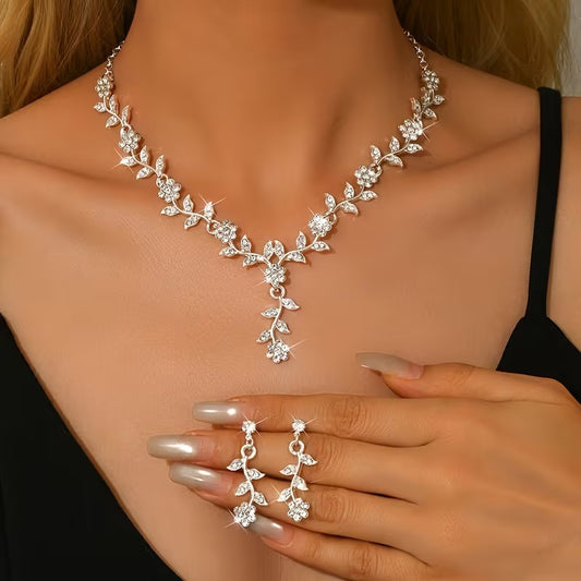 legant Rhinestone Floral Vine Jewelry Set - Sparkling Flower & Leaf Necklace & Earrings | Bridal, Party & Prom Accessory (Multiple Colors)