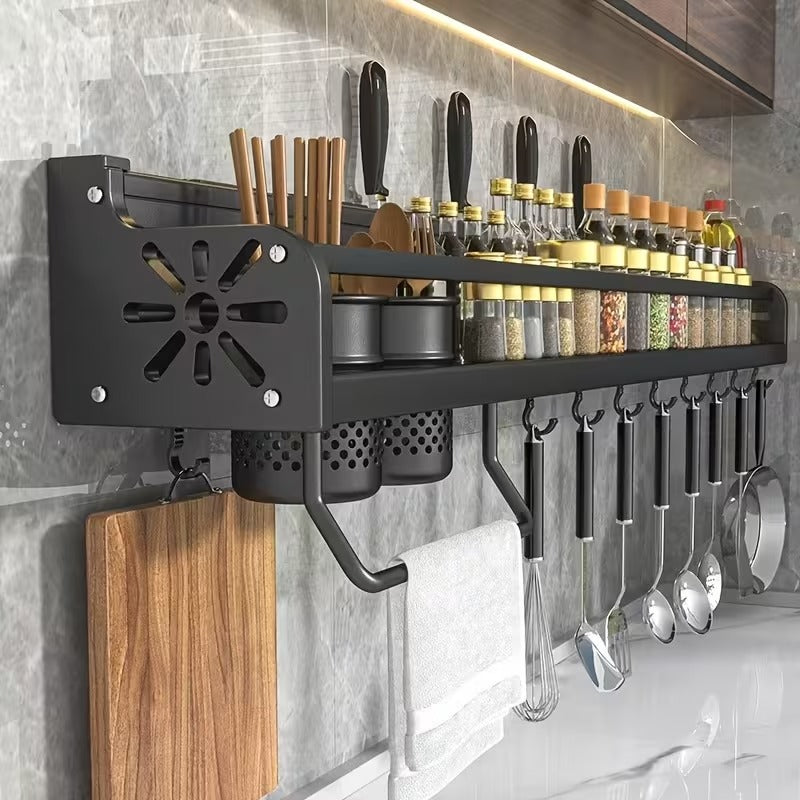 Wall Mounted Kitchen Organizer Rack - Multifunctional Aluminum Spice Shelf with Knife Holder, Utensil Hooks & Towel Bar | Space Saving Storage for Home Kitchen"