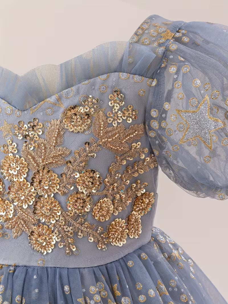 Elegant Blue Princess Ball Gown for Girls – Glitter Star Embroidered Party Dress