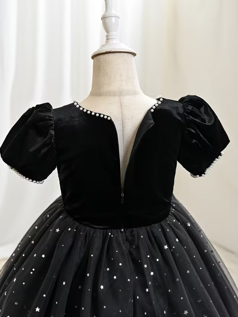 Girls' Black Velvet & Tulle Starry Night Princess Gown | Ombre Sequin Formal Dress for Parties & Special Occasions"