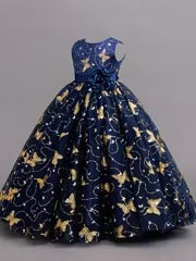 Girls' Navy Blue Butterfly Princess Dress - Gold Embroidery & Bow | Elegant Sleeveless Formal Gown for Parties & Weddings (Ages 4-9Y)"