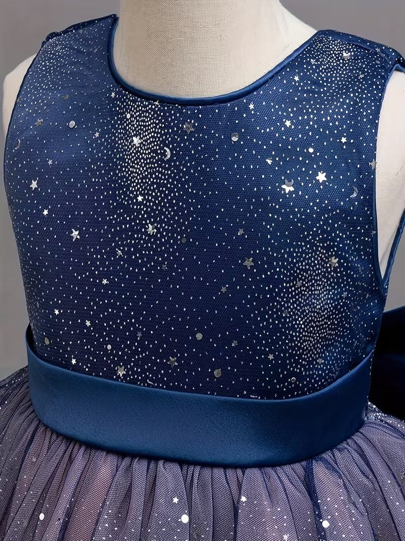 Girls' Ombre Tulle & Sequin Starry Night Gown - Navy Blue to Pink | Elegant Sleeveless Formal Dress with Big Back Bow (Princess Party Gown)"