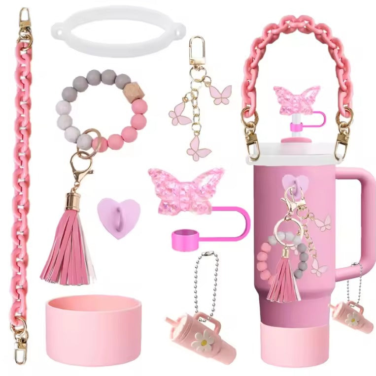 Pink Aesthetic Tumbler Accessory Set – Cute Butterfly & Beaded Charms for Stanley Cups