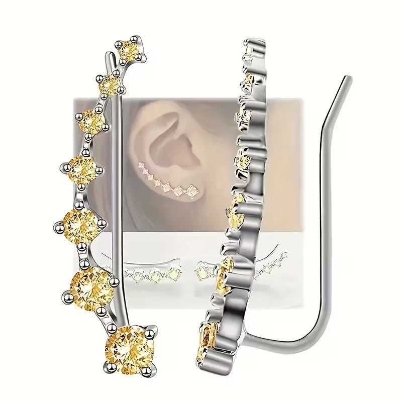 Sparkling Zircon Ear Climber Earrings - Modern Cuff Crawler Studs | Crystal Curved Bar Hypoallergenic Jewelry for Women (Multiple Colors)"
