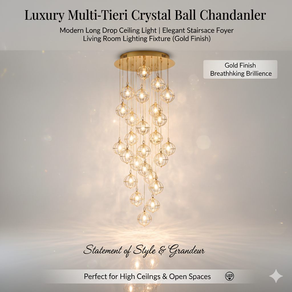 Luxury Multi-Tier Crystal Ball Chandelier - Modern Long Drop Ceiling Light | Elegant Staircase Foyer Living Room Lighting Fixture (Gold Finish)"