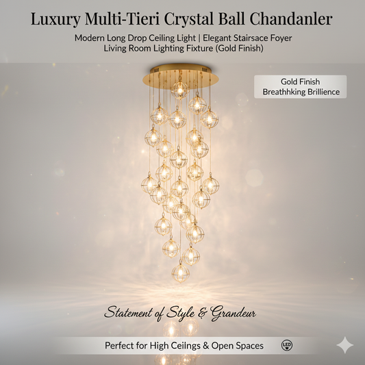 Luxury Multi-Tier Crystal Ball Chandelier - Modern Long Drop Ceiling Light | Elegant Staircase Foyer Living Room Lighting Fixture (Gold Finish)"