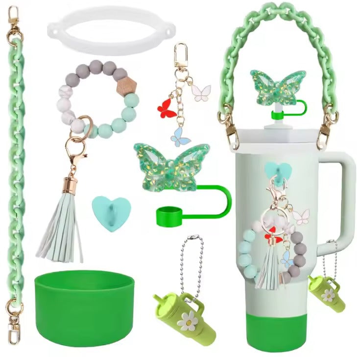 Pink Aesthetic Tumbler Accessory Set – Cute Butterfly & Beaded Charms for Stanley Cups