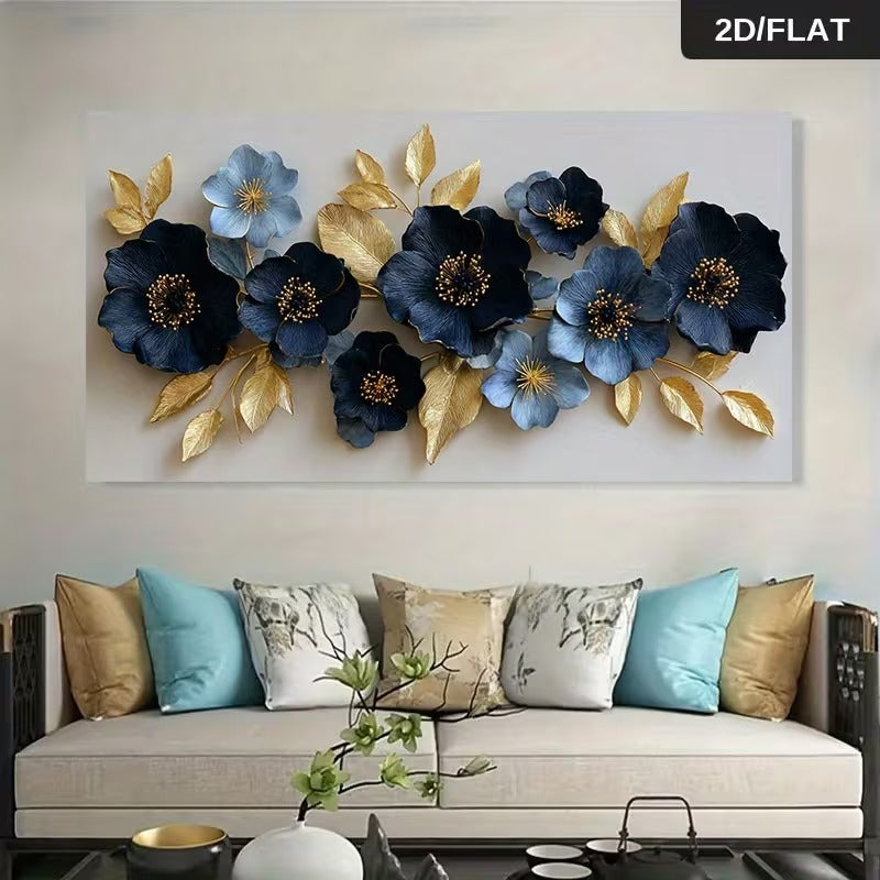 Large 2D Flat Effect Blue & Gold Floral Canvas Wall Art - Modern Botanical Abstract Print | Elegant Flower Picture for Living Room, Bedroom & Office Decor"