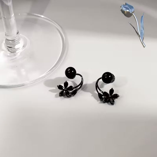 Elegant Black Pearl & Zircon Flower Back-Dangle Earrings - Unique Front Back Stud Jackets | Modern Fashion Jewelry for Women"