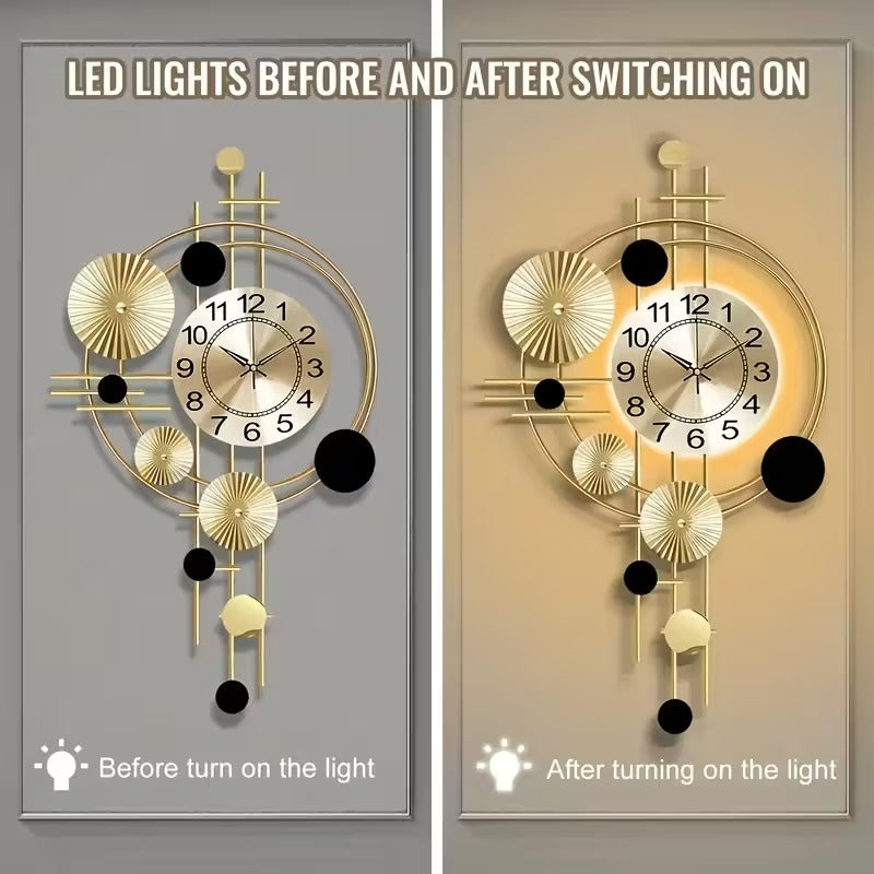 Modern LED Wall Clock - Silent Geometric Metal Art Decor with Backlight | Large Abstract Gold & Black Clock for Living Room, Bedroom & Office