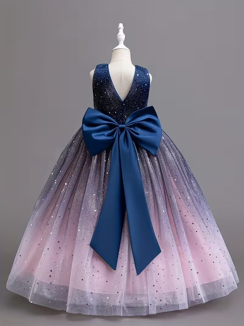Girls' Ombre Tulle & Sequin Starry Night Gown - Navy Blue to Pink | Elegant Sleeveless Formal Dress with Big Back Bow (Princess Party Gown)"