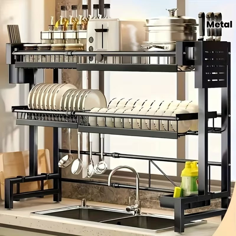 Adjustable Over-Sink Dish Drying Rack - 2-Tier Stainless Steel Space Saver Kitchen Organizer | Utensil, Plate & Bowl Drainer with Hooks (Retractable)"
