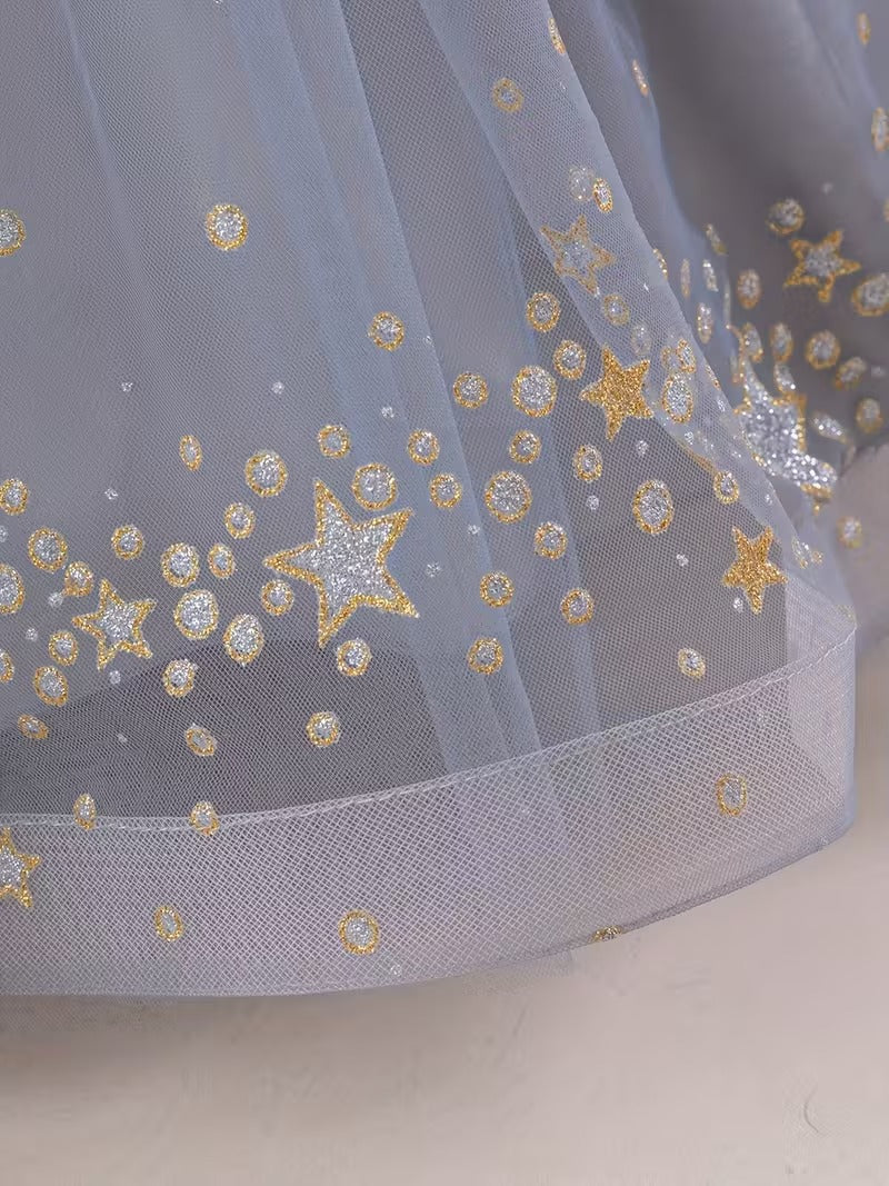 Elegant Blue Princess Ball Gown for Girls – Glitter Star Embroidered Party Dress