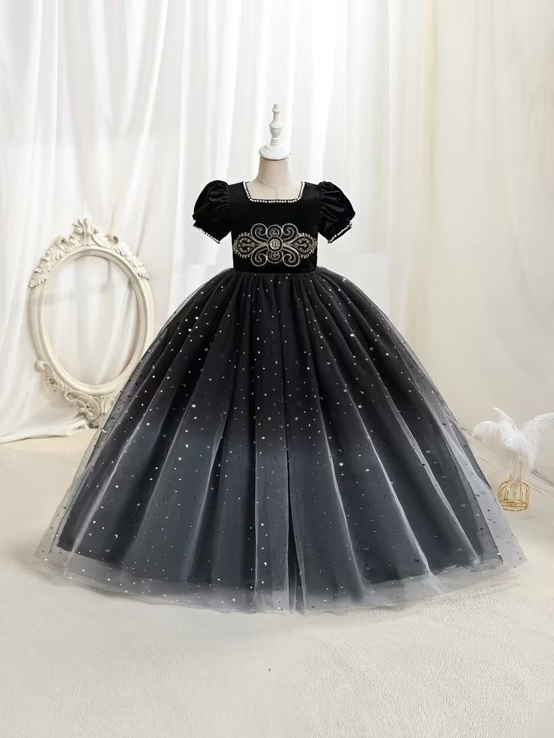 Girls' Black Velvet & Tulle Starry Night Princess Gown | Ombre Sequin Formal Dress for Parties & Special Occasions"