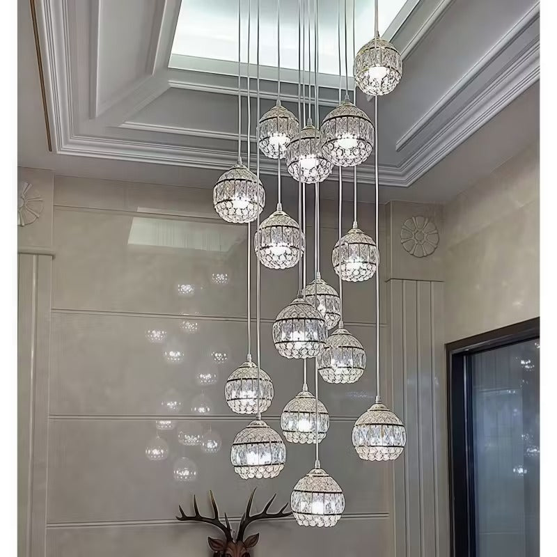Luxury Multi-Tier Crystal Ball Chandelier - Modern Long Drop Ceiling Light | Elegant Staircase Foyer Living Room Lighting Fixture (Gold Finish)"