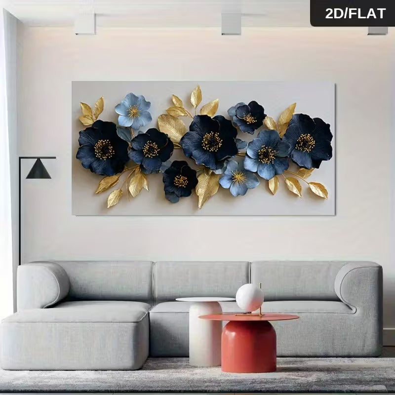 Large 2D Flat Effect Blue & Gold Floral Canvas Wall Art - Modern Botanical Abstract Print | Elegant Flower Picture for Living Room, Bedroom & Office Decor"