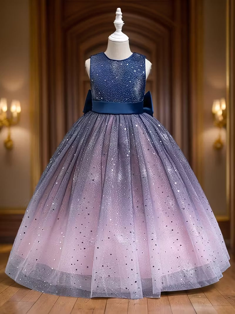 Girls' Ombre Tulle & Sequin Starry Night Gown - Navy Blue to Pink | Elegant Sleeveless Formal Dress with Big Back Bow (Princess Party Gown)"
