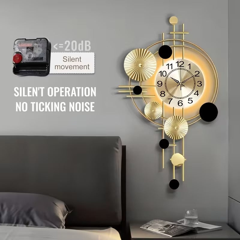 Modern LED Wall Clock - Silent Geometric Metal Art Decor with Backlight | Large Abstract Gold & Black Clock for Living Room, Bedroom & Office