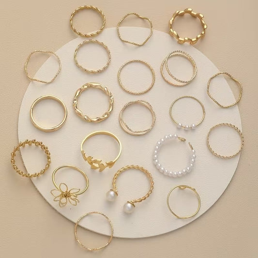 Trendy Gold Stackable Ring Set - Vintage & Minimalist Designs with Pearls | Bohemian Knuckle & Midi Rings for Women (Multiple Styles)"