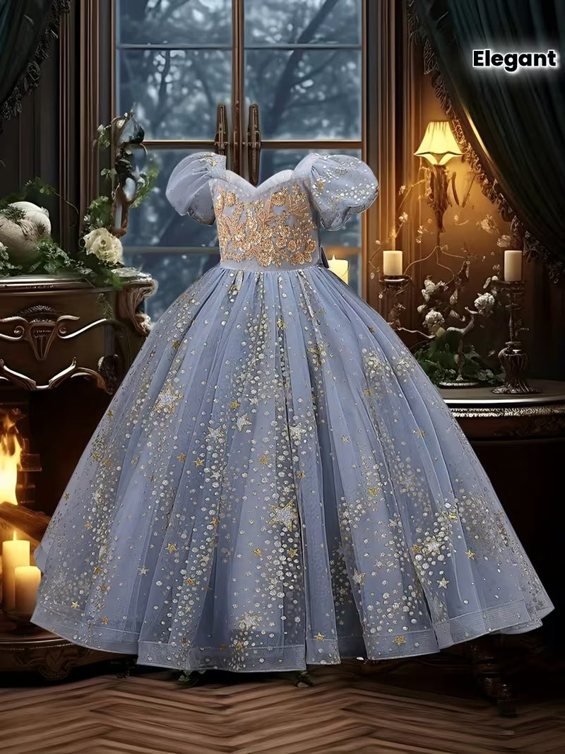 Elegant Blue Princess Ball Gown for Girls – Glitter Star Embroidered Party Dress