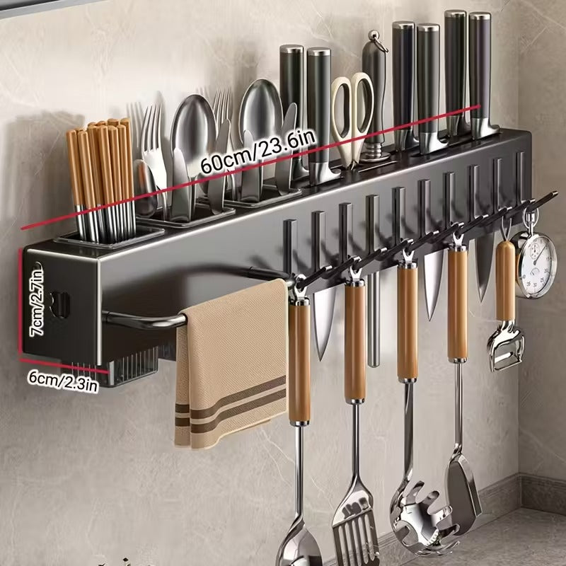 Wall Mounted Kitchen Organizer Rack - Multifunctional Aluminum Spice Shelf with Knife Holder, Utensil Hooks & Towel Bar | Space Saving Storage for Home Kitchen"