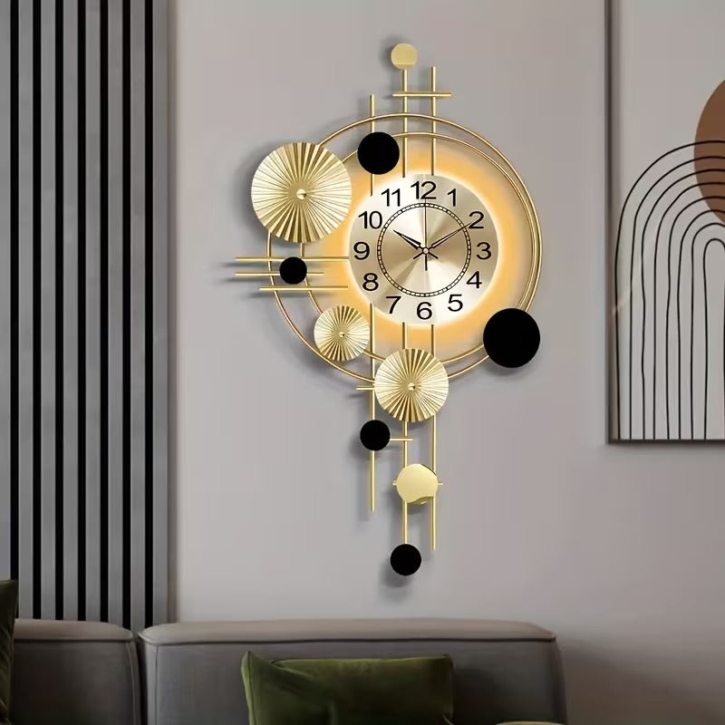 Modern LED Wall Clock - Silent Geometric Metal Art Decor with Backlight | Large Abstract Gold & Black Clock for Living Room, Bedroom & Office