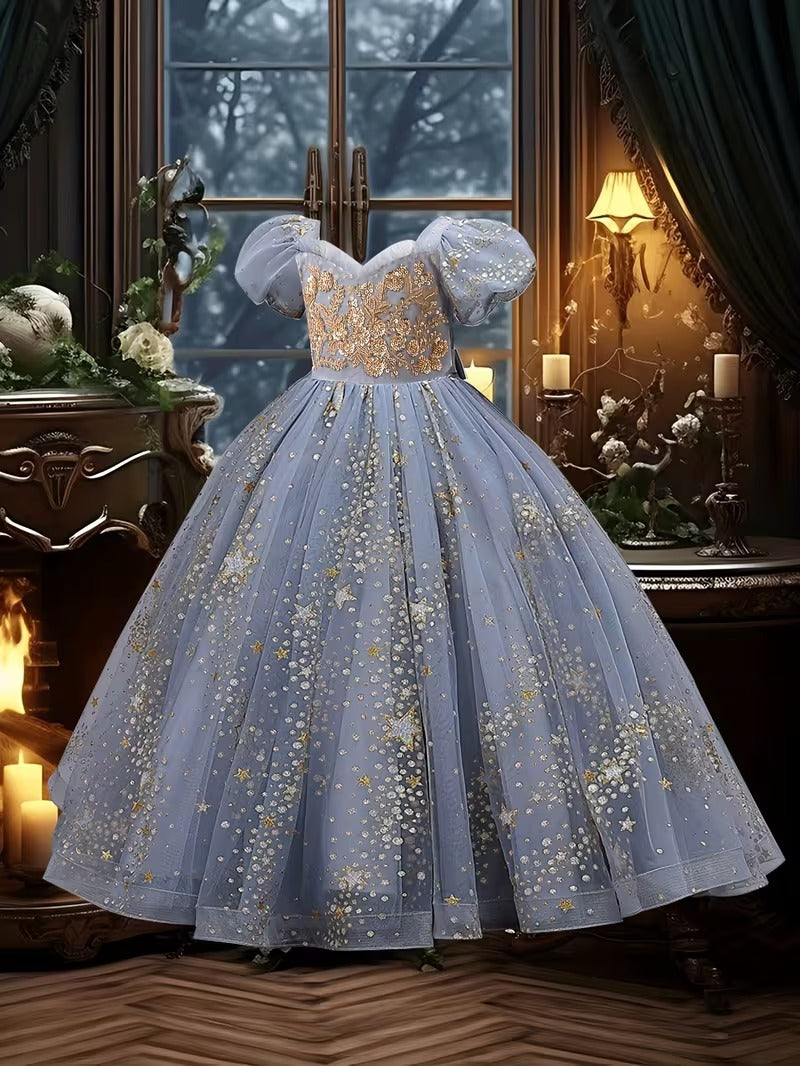 Elegant Blue Princess Ball Gown for Girls – Glitter Star Embroidered Party Dress