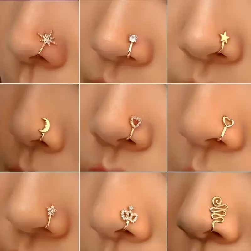 No-Piercing Nose Cuff Ring Collection - Trendy Faux Rhinestone Clip-On Nose Jewelry | Adjustable Non-Pierced Nose Rings for Women & Girls (Various Designs)"