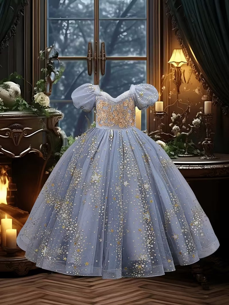 Elegant Blue Princess Ball Gown for Girls – Glitter Star Embroidered Party Dress