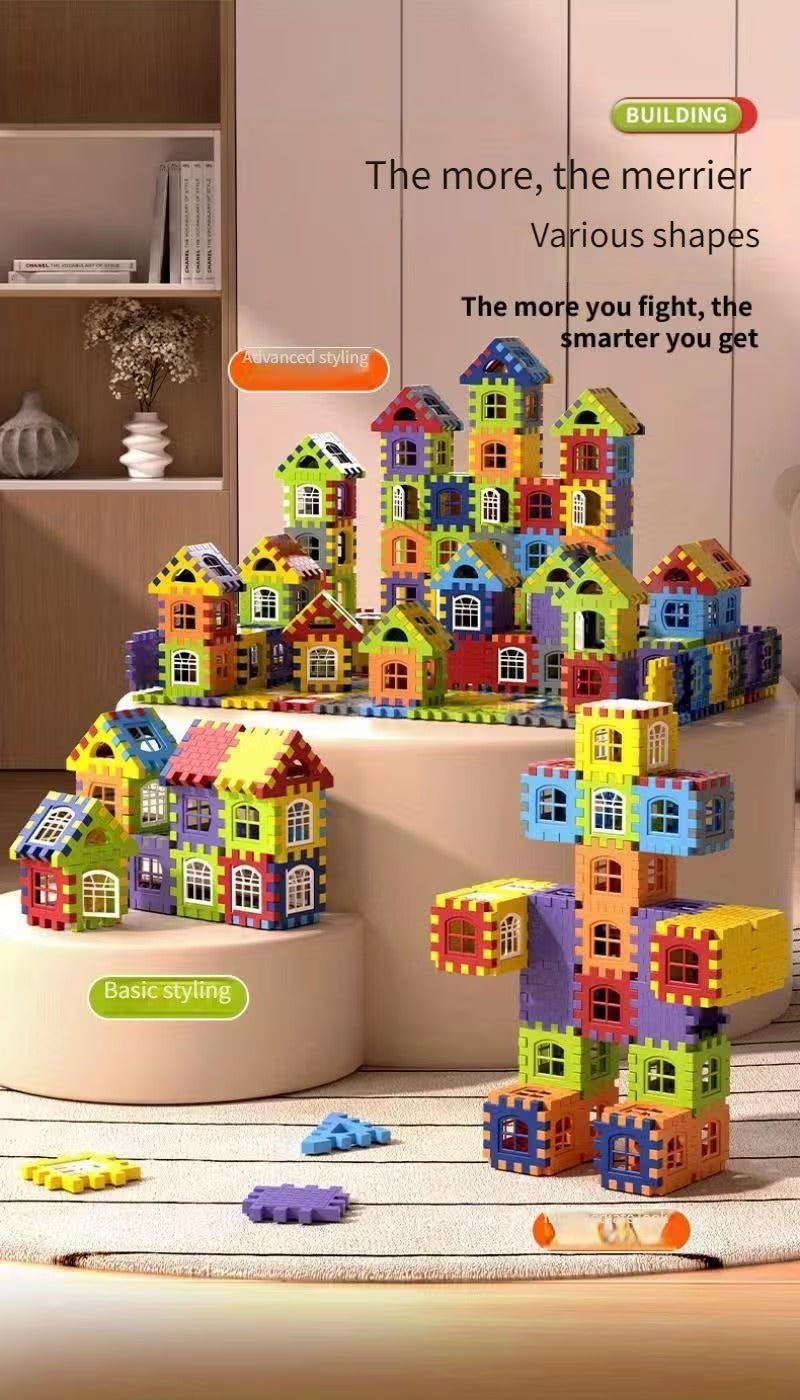 Kids' Colorful Interlocking House Building Blocks Set - Creative 3D Construction Toy for Toddlers & Children (50-160+ Pieces)"