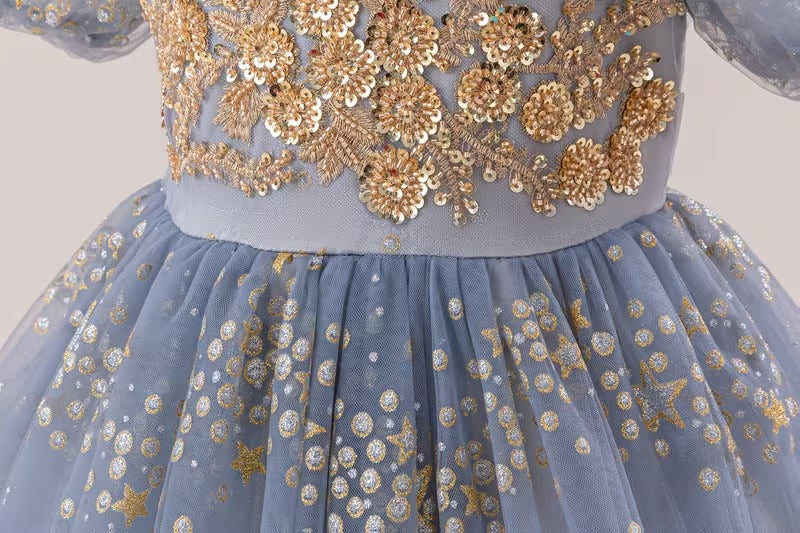 Elegant Blue Princess Ball Gown for Girls – Glitter Star Embroidered Party Dress