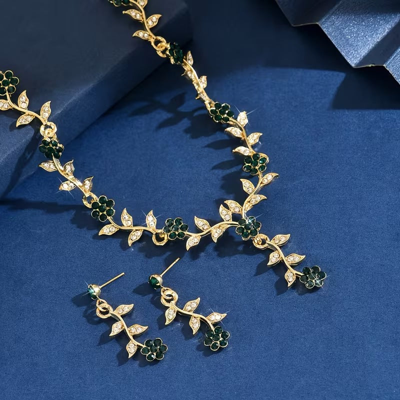 legant Rhinestone Floral Vine Jewelry Set - Sparkling Flower & Leaf Necklace & Earrings | Bridal, Party & Prom Accessory (Multiple Colors)