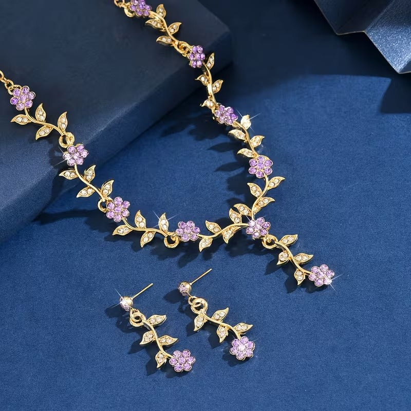 legant Rhinestone Floral Vine Jewelry Set - Sparkling Flower & Leaf Necklace & Earrings | Bridal, Party & Prom Accessory (Multiple Colors)