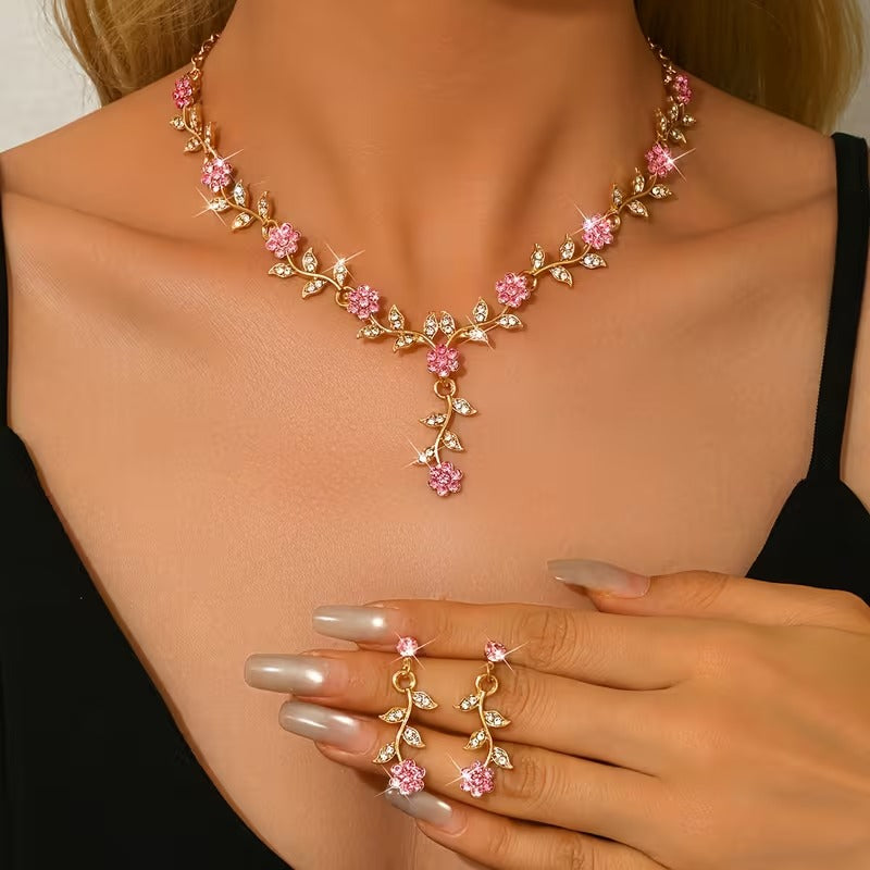 legant Rhinestone Floral Vine Jewelry Set - Sparkling Flower & Leaf Necklace & Earrings | Bridal, Party & Prom Accessory (Multiple Colors)