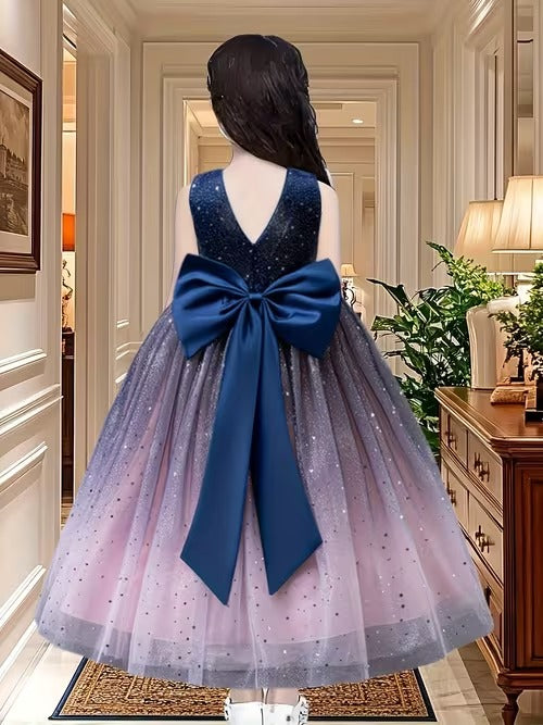 Girls' Ombre Tulle & Sequin Starry Night Gown - Navy Blue to Pink | Elegant Sleeveless Formal Dress with Big Back Bow (Princess Party Gown)"