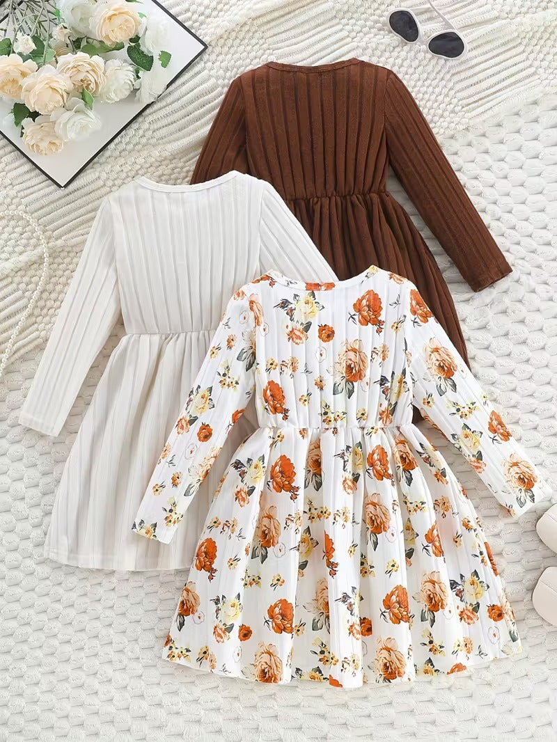 Girls' Ribbed Knit Long Sleeve Dress - Floral, Heart Print & Solid Colors | Cozy & Stylish Toddler Kids Dresses"