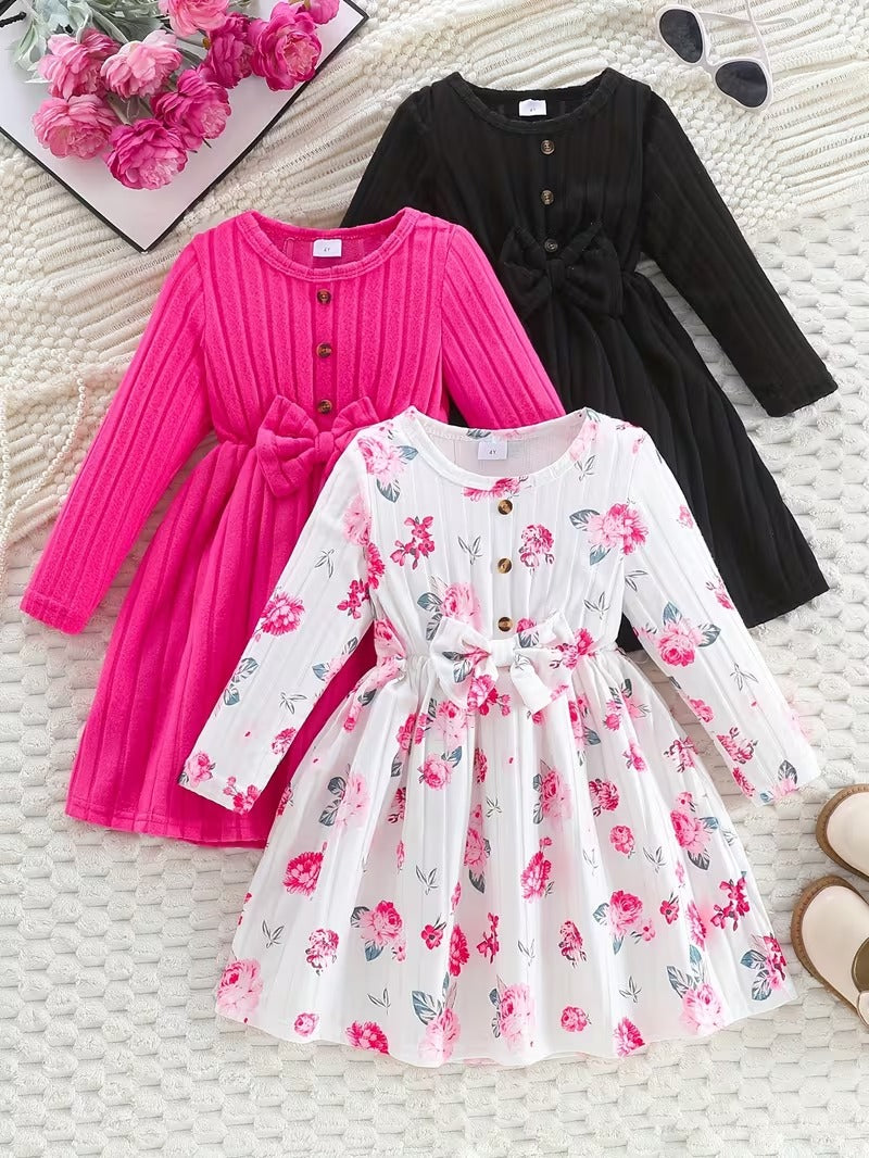 Girls' Ribbed Knit Long Sleeve Dress - Floral, Heart Print & Solid Colors | Cozy & Stylish Toddler Kids Dresses"
