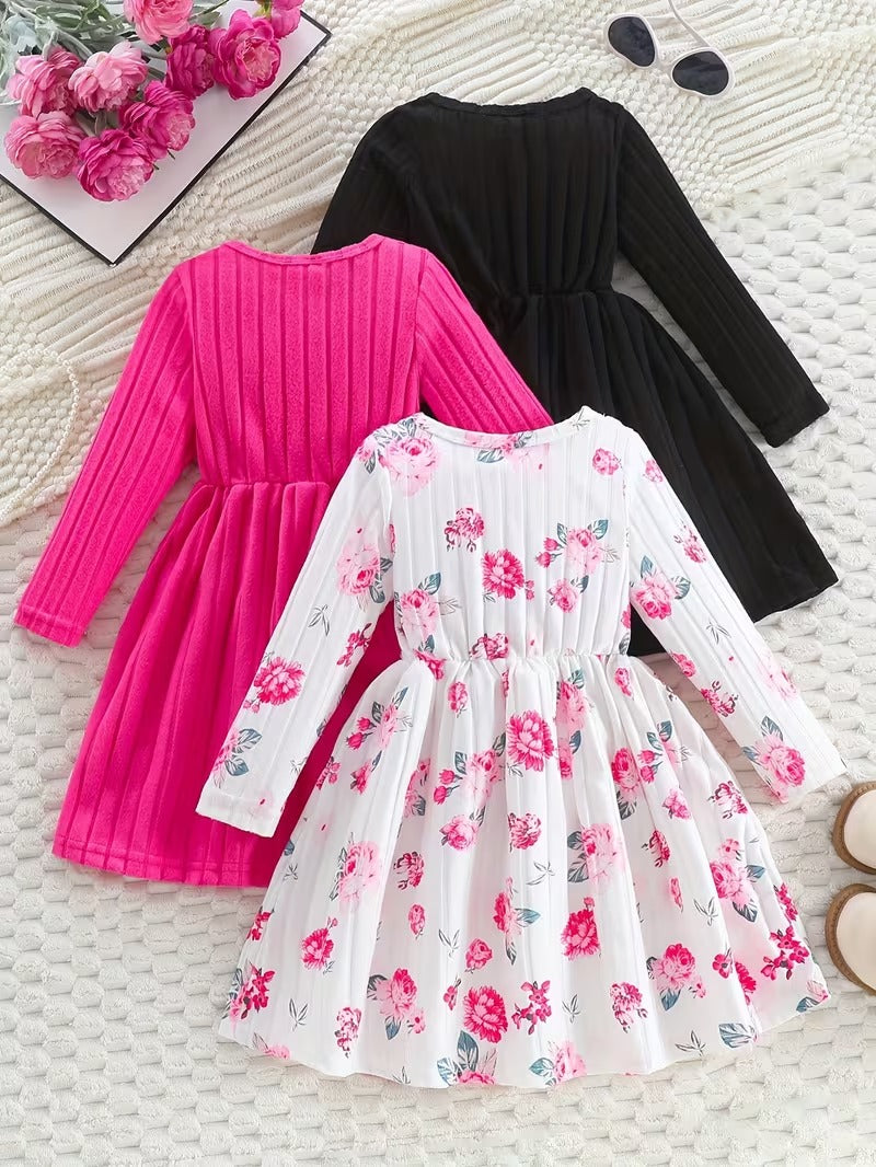 Girls' Ribbed Knit Long Sleeve Dress - Floral, Heart Print & Solid Colors | Cozy & Stylish Toddler Kids Dresses"