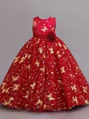 Girls' Navy Blue Butterfly Princess Dress - Gold Embroidery & Bow | Elegant Sleeveless Formal Gown for Parties & Weddings (Ages 4-9Y)"