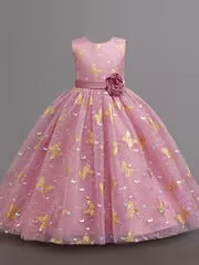 Girls' Navy Blue Butterfly Princess Dress - Gold Embroidery & Bow | Elegant Sleeveless Formal Gown for Parties & Weddings (Ages 4-9Y)"