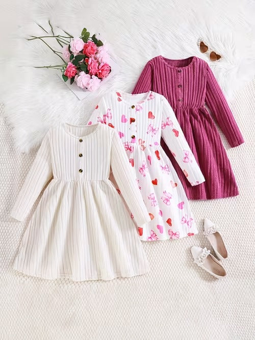 Girls' Ribbed Knit Long Sleeve Dress - Floral, Heart Print & Solid Colors | Cozy & Stylish Toddler Kids Dresses"
