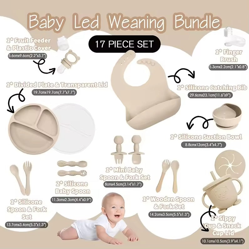 17-Piece Baby Led Weaning Set – Food-Grade Silicone Feeding Kit for Babies | Suction Bowl, Divided Plate, Bib, Sippy Cup & Utensils