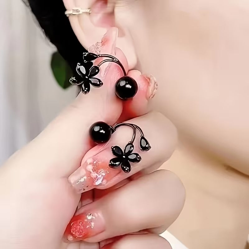 Elegant Black Pearl & Zircon Flower Back-Dangle Earrings - Unique Front Back Stud Jackets | Modern Fashion Jewelry for Women"