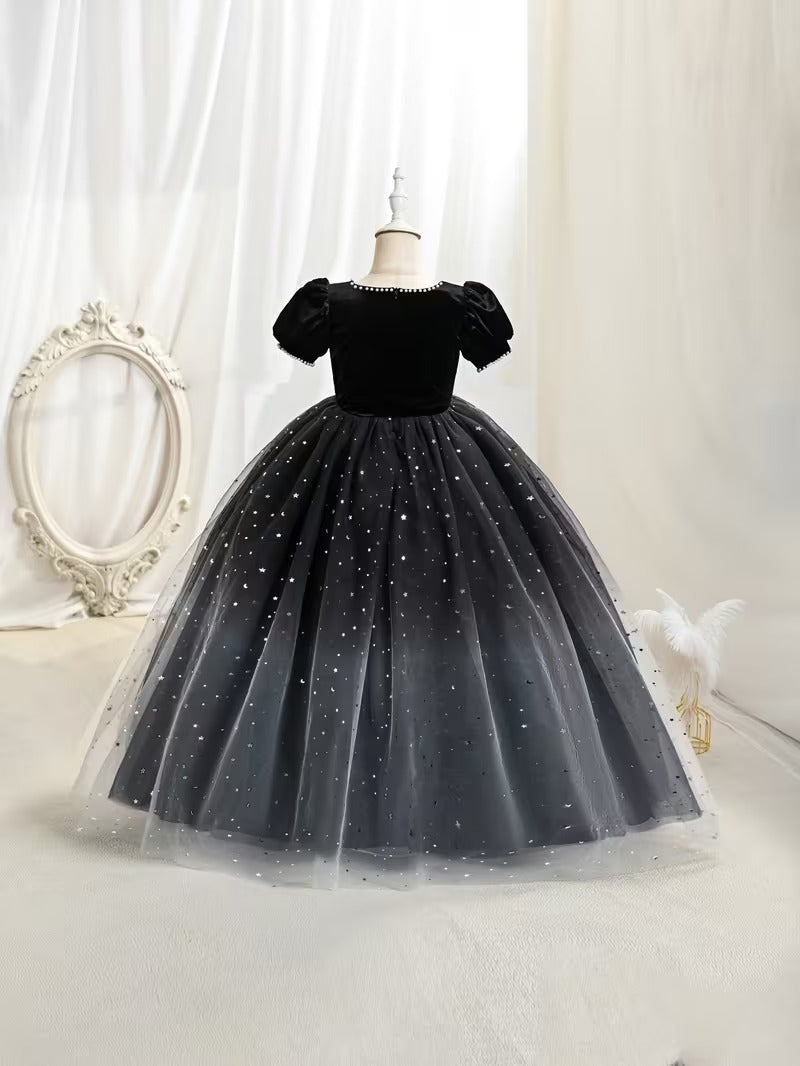 Girls' Black Velvet & Tulle Starry Night Princess Gown | Ombre Sequin Formal Dress for Parties & Special Occasions"