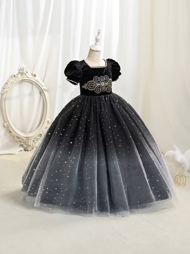 Girls' Black Velvet & Tulle Starry Night Princess Gown | Ombre Sequin Formal Dress for Parties & Special Occasions"