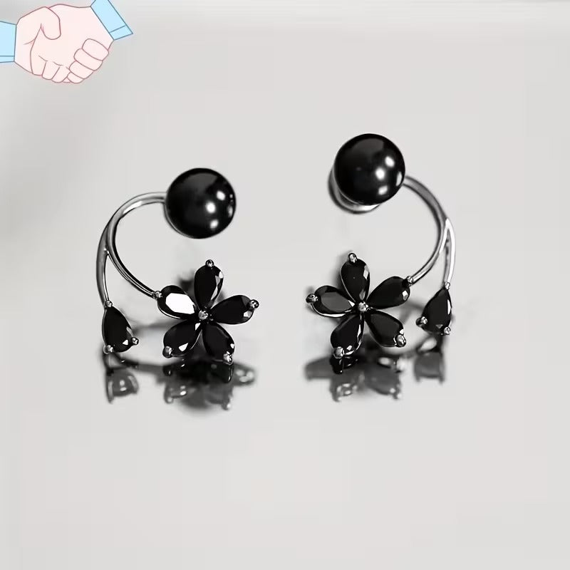 Elegant Black Pearl & Zircon Flower Back-Dangle Earrings - Unique Front Back Stud Jackets | Modern Fashion Jewelry for Women"