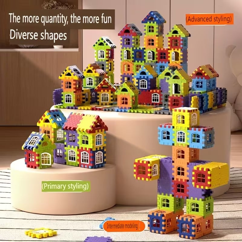 Kids' Colorful Interlocking House Building Blocks Set - Creative 3D Construction Toy for Toddlers & Children (50-160+ Pieces)"