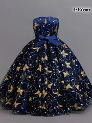 Girls' Navy Blue Butterfly Princess Dress - Gold Embroidery & Bow | Elegant Sleeveless Formal Gown for Parties & Weddings (Ages 4-9Y)"
