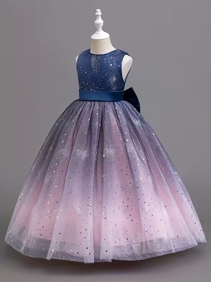 Girls' Ombre Tulle & Sequin Starry Night Gown - Navy Blue to Pink | Elegant Sleeveless Formal Dress with Big Back Bow (Princess Party Gown)"